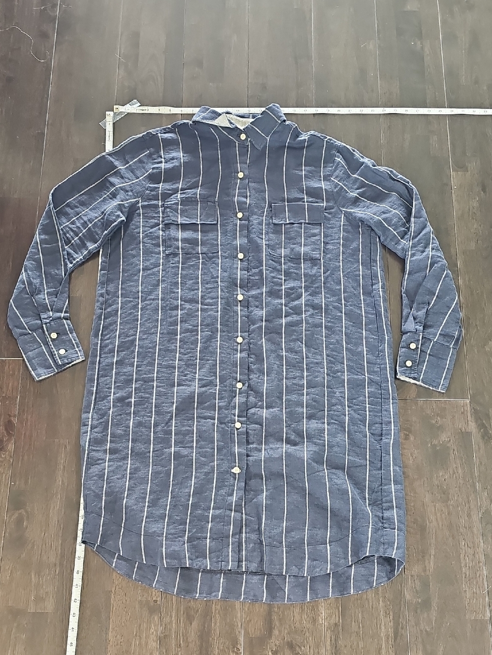 Striped Longline Button-Up Shirt - Navy
